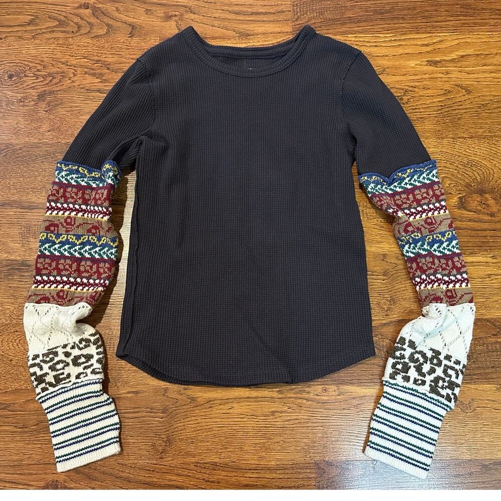 Free People We The Free All In Cuff Thermal Top Women's Medium Gray Patchwork